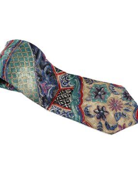 Oscar De La Renta Wide Width Men's Tie Teal Purple Multi Floral Print 100% Silk